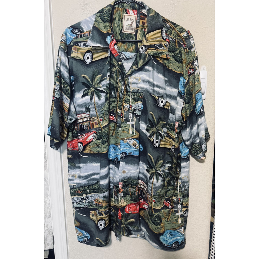 Island Collection Hawaiian Button Up Shirt classic cars beach mens Large